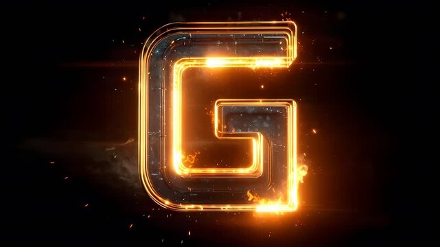 Glowing golden letter G with fiery sparks on dark background