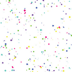 Vibrant colorful party confetti scattered joyfully across a pure white surface creating a festive explosion of geometric shapes ©  Design_ mn