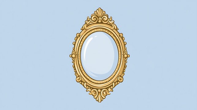 A vintage ornate gold frame oval mirror isolated on blue background. Classic luxury home decor for interior design.