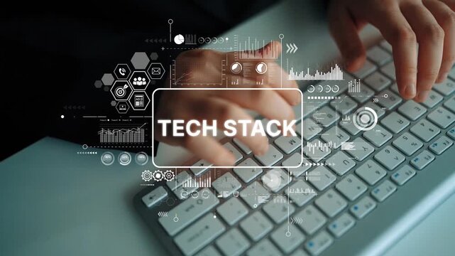 Modern Technology Concept Representing Tech Stack Integration with Hands Typing on Keyboard and Data Visualization Elements. Asymptotic smart data analytic.