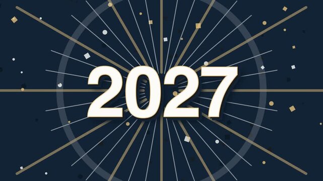 New Year 2027 Countdown Animation with Elegant Clock Face and Confetti on Dark Background