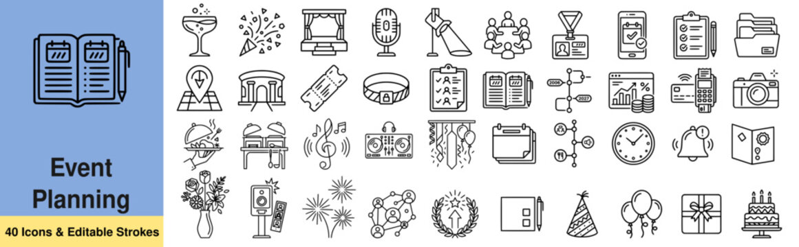 Event planning icon set. Calendar, schedule, invitation, party, celebration, booking, guests, management icons. Thin line editable stroke vector illustrations