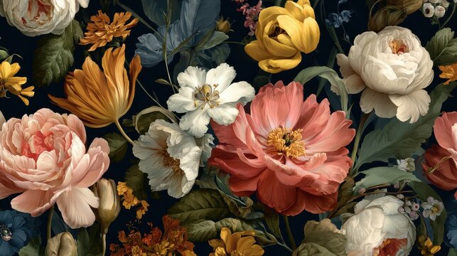 Floral wallpaper pattern featuring vibrant blossoms in a seamless digital illustration for interior decor and textile design