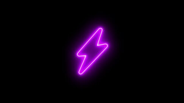 A vivid magenta neon lightning bolt symbol radiates a bright glow against a solid black background, offering a striking visual representation of energy, electricity, speed, or a sudden powerful