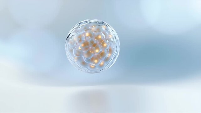 A single glowing translucent exosome sphere suspended in clear fluid