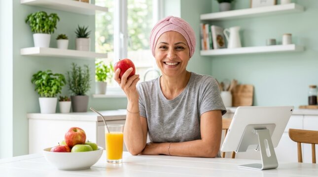 Smiling woman wearing a pink headscarf holds a fresh red apple while sitting at a kitchen table with a digital tablet and orange juice, showcasing a healthy lifestyle during her recovery journey