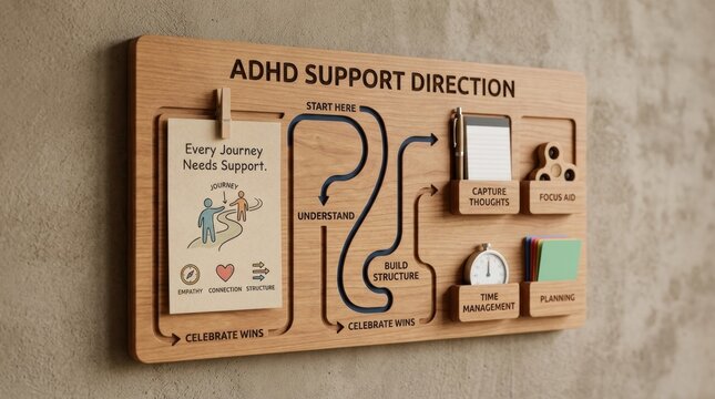 ADHD support direction wooden board with organizational tools like fidget spinner and timer mounted on a concrete wall provides mental health guidance for focus and journey management and empathy aid.