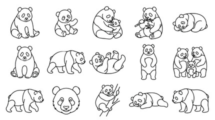 Minimalist panda bear line art collection, 15 black and white giant panda vector icons, cute animal character illustrations for coloring books © Hinaa