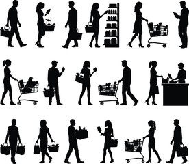 Fototapeta premium Grocery Shopping Silhouette Collection with Customers and Market Store Activities