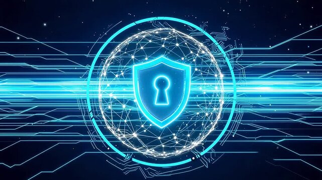 Futuristic Cybersecurity Shield with Glowing Network Globe and Circuit Lines