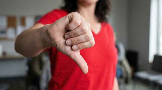Close up shot of a person in a red t shirt giving a thumbs down hand gesture showing disapproval or failure in a blurred indoor setting. Representing negative feedback and rejection for many use