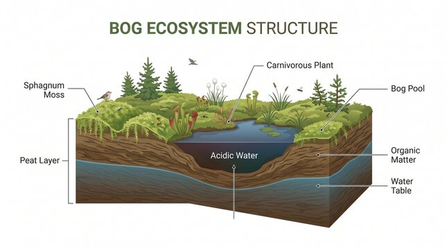 Educational diagram of a bog ecosystem structure showing peat layer, acidic water, sphagnum moss, and water table