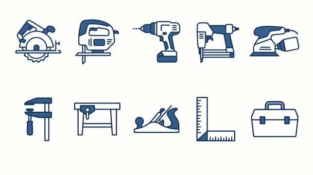 Carpentry tools icon collection. Woodworking hardware and industrial equipment symbols.