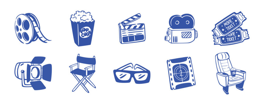 Hand Drawn Cinema Vector Illustration. Doodle Movie Equipment Vector Set