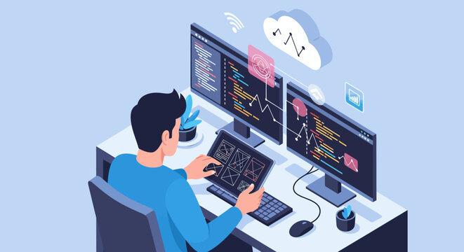 Programmer working on multiple computer screens with cloud data.