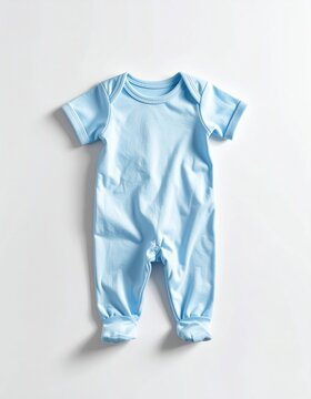 A soft, light blue, short-sleeved baby romper with footies, lying flat