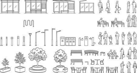 Obraz premium Isometric Urban Street Furniture and Public Space Elements CAD Vector Set with Bus Stops Benches Trees Lighting and People
