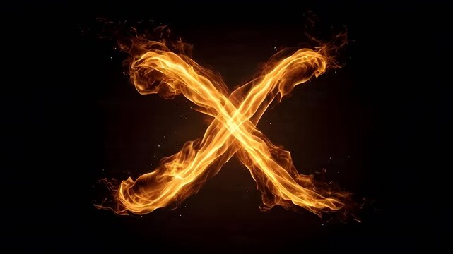 Fiery X-shaped flame on black background with dynamic energy