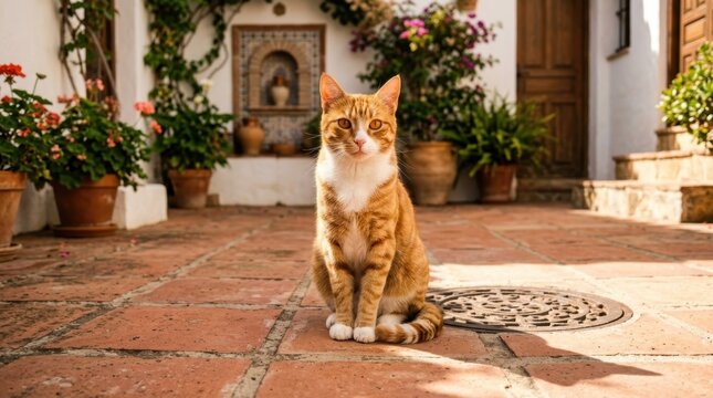 Elegant ginger tabby cat sitting peacefully on a sunny Mediterranean terracotta patio surrounded by lush green plants and vibrant flowers in rustic