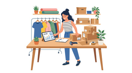 Fototapeta premium An entrepreneur manages her online clothing store, tracking sales data on a tablet while packing shipping boxes in her home office workspace.
