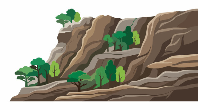 Rocky mountain cliff side vector illustration featuring layered stone hillsides and green forest trees isolated on a plain white background