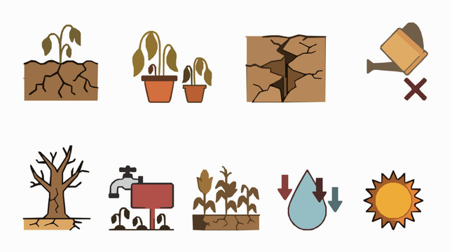 Drought and water scarcity vector icon set featuring wilting plants dry cracked soil dead trees heat sun and agricultural damage symbols isolated on white background