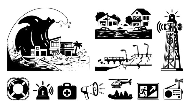 Natural disaster tsunami and flood vector icon set with emergency evacuation warning sirens damaged infrastructure and rescue symbols isolated on white background