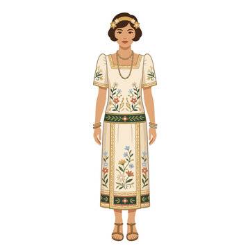 A detailed digital illustration featuring a woman in 1920s-era Filipiniana clothing, showcasing the traditional terno dress with intricate floral embroidery and vintage styling.