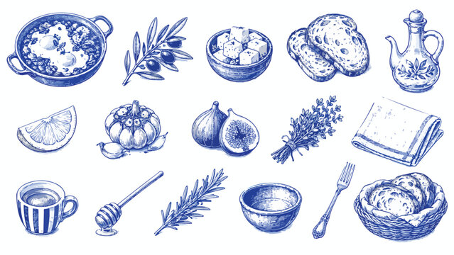 Mediterranean food icons set, hand drawn blue ink sketch of Greek cuisine elements, rustic culinary illustrations for restaurant menu design