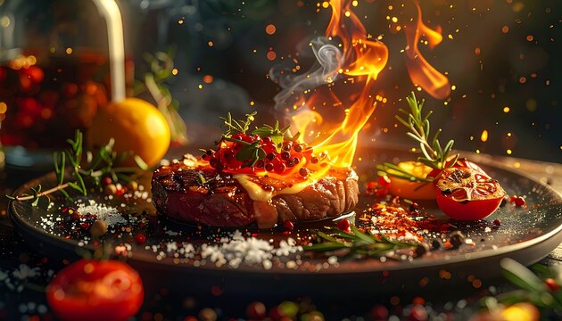 Flaming Steak on Plate with Herbs.