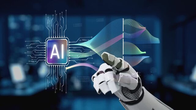 A detailed representation of a robotic hand interacting with an AI interface, showcasing vibrant data visualizations and modern technological advancements in a digital workspace. Synapse