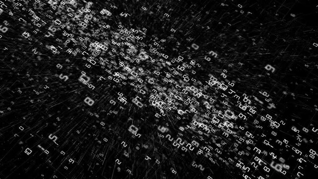 Monochrome number data burst visual with white floating digits, black matrix depth, and fast abstract motion. Perfect for data videos, finance reports, coding intros, and cinematic overlays.