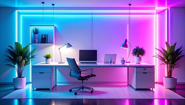 Modern office space with neon lights.