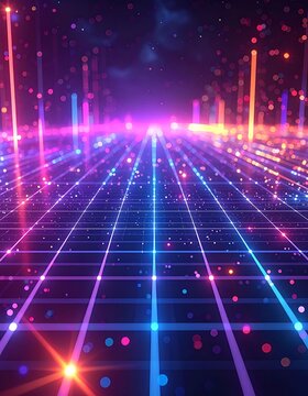 Neon Grid Background With Glowing Lines.