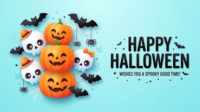 Festive halloween illustration with pumpkins ghosts bats and spiderwebs on a light blue background
