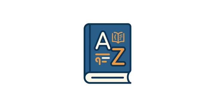 Illustrated dictionary book icon featuring alphabetical letters A to Z.