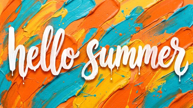 Handwritten hello summer text in white paint over vibrant orange and turquoise oil paint background
