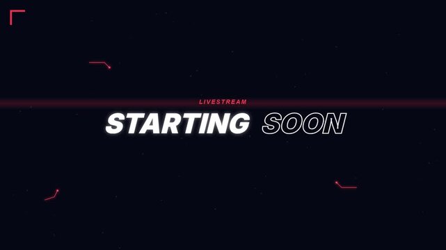 Digital animation intro screen with "starting soon" text and glitch effect, broadcast transition, cyberspace theme