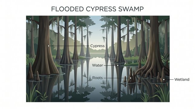 Educational vector illustration of a flooded cypress swamp with labeled parts like cypress, water, roots, and wetland for geography study