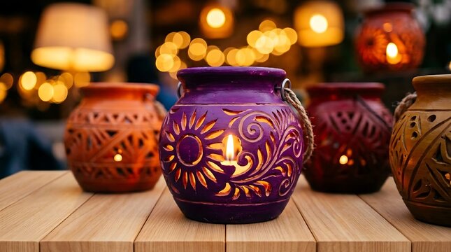Ceramic candle holders with intricate patterns and warm light on a wooden table
