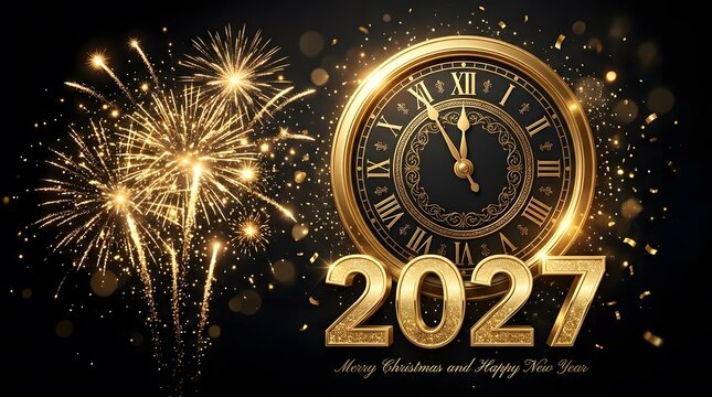 Spectacular happy new year 2027 celebration golden clock fireworks and festive new year's greetings