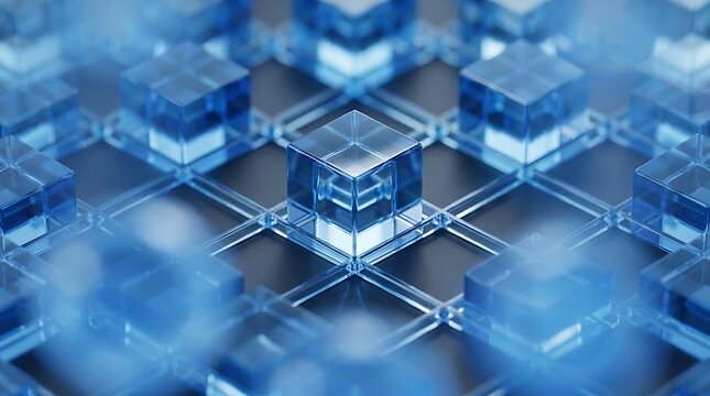 Abstract blue crystalline grid pattern with focused cube detail and blurred background