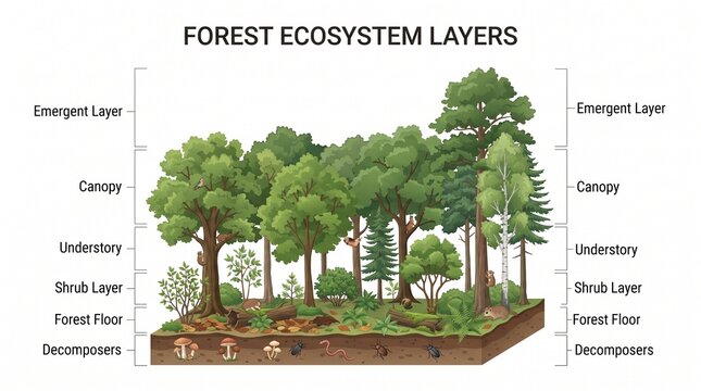 Forest edge habitat illustration showcasing biological vertical stratification layers from decomposers to the high canopy tree tops