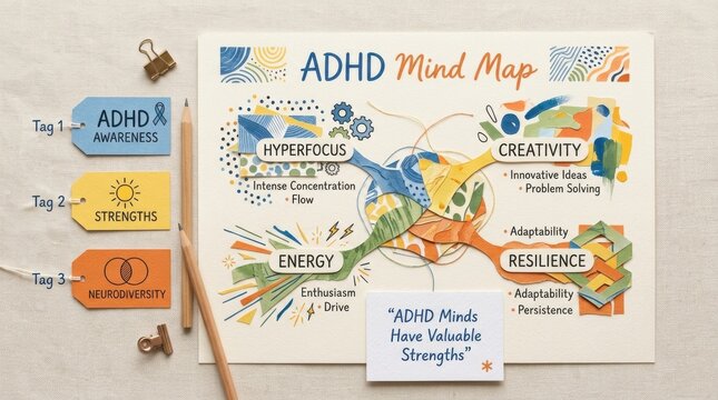 ADHD mind map on paper showing strengths like creativity and energy with tags for awareness and neurodiversity, perfect for educational content and mental health awareness presentations. ADHD care