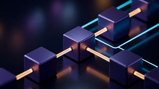 Abstract network of interconnected cubes with glowing lines on a dark futuristic background