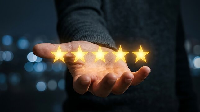 Hand holding glowing five star rating symbols over blurred city lights background