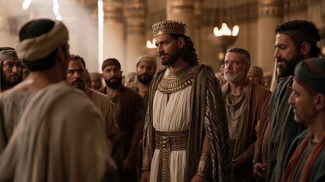 Joseph revealing his identity to his brothers in the Egyptian palace as they stand in shock and disbelief.