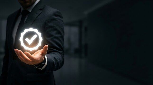 Businessman holding a glowing white checkmark symbol representing quality assurance and trust
