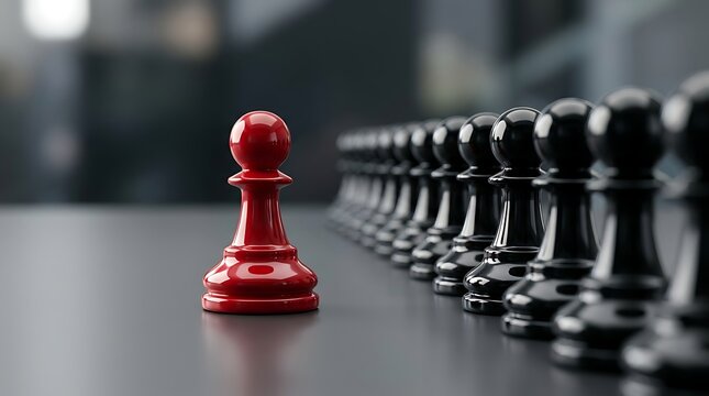 Red chess pawn stands out from a line of black chess pieces on a reflective surface