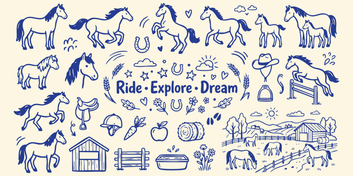 Diverse Hand Drawn Horse Illustrations with Farm Scene and Equestrian Elements on Cream Background